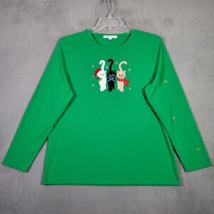 Mercer Street Studio Chrismas Cats TShirt Womens XL Green Embroidery Long Sleeve